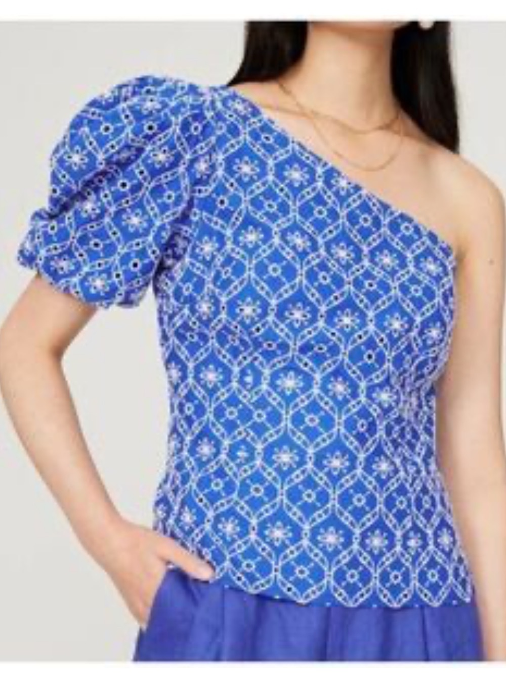 Lilly Pulitzer Deliliah Blue Eyelet One Shoulder Blouse Womens 4 Classic Puff